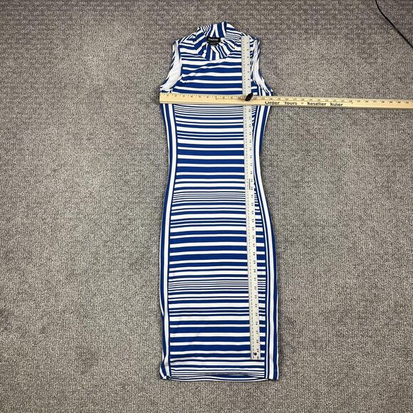 bebe Dress Womens Small Nautical Blue White Striped Mock Neck Bodycon Midi Knit - Picture 8 of 9